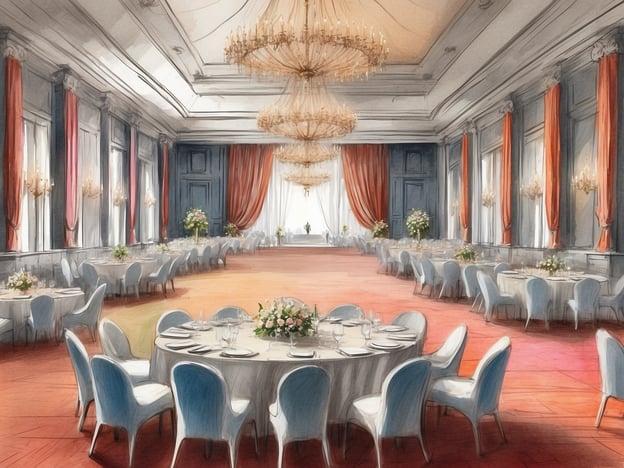 Auf dem Bild ist ein eleganter Veranstaltungsraum in einem Hotel zu sehen. Die große, repräsentative Halle ist mit runden Tischen ausgestattet, die schön eingedeckt sind, einschließlich Blumenarrangements. Die Wände sind stilvoll mit rot und blau dekoriert, und große Fenster lassen viel Licht herein, was eine angenehme Atmosphäre schafft.
Dieser Raum könnte ideal für verschiedene Veranstaltungen genutzt werden, wie beispielsweise:
- Hochzeiten, bei denen ein festlicher Rahmen benötigt wird.
- Firmenveranstaltungen oder Konferenzen, die eine ansprechende Umgebung erfordern.
- Galadinner oder Bankette, die eine gehobene Atmosphäre bieten.
- Empfänge oder Feierlichkeiten, wo Gäste in einem eleganten Setting zusammenkommen wollen.
Die elegante Ausstattung und das stilvolle Ambiente machen diesen Raum zu einem attraktiven Ort für besondere Anlässe.