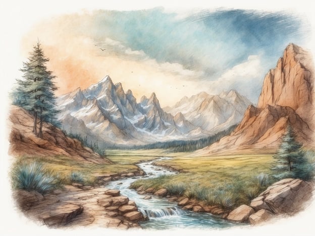 Auf dem Bild ist eine malerische Berglandschaft zu sehen. Majestätische Berge erheben sich im Hintergrund, einige mit Schneekappen, während sich im Vordergrund ein ruhiger Fluss schlängelt. Die Umgebung ist von grünen Wiesen und einzelnen Bäumen geprägt, was zu einer friedlichen Atmosphäre beiträgt.
Diese Szenerie bietet zahlreiche Freizeitmöglichkeiten wie Wandern, Radfahren oder Angeln am Fluss. Die reizvolle Natur lädt auch zu Picknicks oder entspannenden Spaziergängen ein. Zudem könnten Naturliebhaber hier die Tierwelt beobachten oder einfach die Ruhe und Schönheit der Landschaft genießen.