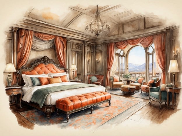 Auf dem Bild ist ein elegantes Schlafzimmer zu sehen. Die Ausstattung umfasst ein großes, gepolstertes Bett mit mehreren Dekokissen und einem edlen Kopfteil. Die Farben sind warm und einladend, mit einem Fokus auf orange und sanften Grüntönen.
Zusätzlich gibt es eine gemütliche Sitzecke mit zwei Sessel und einem kleinen Tisch, ideal zum Entspannen. Eine schöne Lampe auf dem Nachttisch und weitere Lichtquellen ergänzen die stimmungsvolle Atmosphäre. Die großen Fenster bieten einen Blick auf die Berge, was die gesamte Aussicht noch beeindruckender macht. Der Boden ist mit einem stilvollen Teppich bedeckt, der das Gesamtbild abrundet.
Die Angebote dieser Unterkunft könnten ein luxuriöses Ambiente, erstklassige Möbel und einen atemberaubenden Ausblick umfassen.