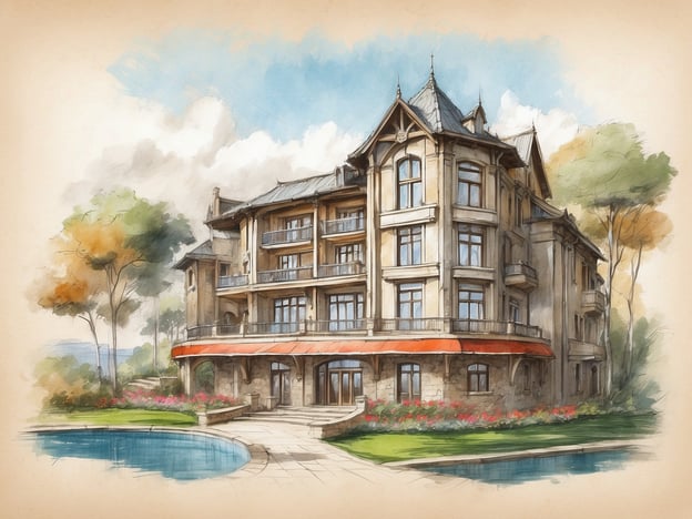 Auf dem Bild ist eine künstlerische Darstellung eines eleganten Gebäudes zu sehen, das einem Hotel ähnelt. Es hat eine architektonisch ansprechende Fassade mit Erkern und einem Bereich mit Terrassen. In der Umgebung gibt es Grünflächen, Blumen und einen Pool, was eine einladende Atmosphäre schafft.
Die NH Hotels in London haben eine lange Geschichte, die von der Eröffnung des ersten Hauses in der Stadt geprägt ist. Diese Hotels zeichnen sich durch modernen Komfort und eine zentrale Lage aus, wodurch sie ideal für Geschäftsreisende und Touristen sind. Die Mischung aus traditioneller und zeitgenössischer Architektur spiegelt sich vielleicht in dem abgebildeten Gebäude wider, das Anklänge an den Stil der NH Hotels vermitteln könnte.