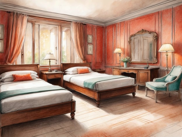 Auf dem Bild ist ein elegant gestaltetes Hotelzimmer zu sehen. Die Besonderheiten der NH Hotels könnten hier durch die geschmackvolle Einrichtung und das harmonische Farbkonzept hervorgehoben werden. Die zwei Betten sind komfortabel gestaltet, und die Verwendung von Holz und sanften Farben könnte den Fokus auf Gemütlichkeit und Stil legen.
Die großen Fenster sorgen für viel Tageslicht, was typisch für NH Hotels ist, da sie eine angenehme und einladende Atmosphäre schaffen. Außerdem könnten die geschmackvollen Dekorationen, wie die Lampe und die Blumenarrangements, den hohen Komfort und die Aufmerksamkeit für Details widerspiegeln, die in NH Hotels geschätzt werden. Solche Details tragen dazu bei, dass sich Gäste während ihres Aufenthalts wohlfühlen.