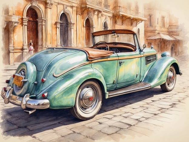 Auf dem Bild ist ein klassisches, mintgrünes Cabriolet zu sehen, das auf einer gepflasterten Straße vor historischen Gebäuden parkt. Die Umgebung strahlt ein nostalgisches Flair aus, ideal für Reisende, die an der Geschichte und Kultur interessiert sind.
**Tipps für Reisende:**
1. **Besuchen Sie historische Stätten**: Diese Art von Fahrzeug ist oft in Städten zu finden, die reich an Geschichte sind. Planen Sie einen Besuch, um mehr über die lokale Kultur zu erfahren.
2. **Fahren Sie mit einem klassischen Auto**: In manchen Städten gibt es die Möglichkeit, Oldtimer zu mieten oder geführte Touren in historischen Fahrzeugen zu buchen. Das macht das Erkunden besonders atmosphärisch.
3. **Fotografieren Sie die Details**: Halten Sie die Schönheit der alten Architektur und der Autos fest, um unvergessliche Erinnerungen zu schaffen.
4. **Probieren Sie regionale Spezialitäten**: In der Nähe solcher historischen Orte gibt es oft traditionelle Restaurants, die lokale Gerichte anbieten.
5. **Frühzeitig planen**: Beliebte touristische Destinationen können schnell voll werden. Buchen Sie Unterkünfte und Touren im Voraus, um lange Wartezeiten zu vermeiden.
