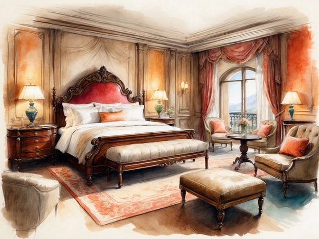 Auf dem Bild ist ein luxuriös eingerichtetes Schlafzimmer zu sehen. Es verfügt über ein großes, elegantes Bett mit einer auffälligen Kopfteilgestaltung, geschmackvolle Möbel und eine stilvolle Dekoration. Die warmen Farbtöne und die Fenster mit Ausblick auf eine Landschaft schaffen eine einladende Atmosphäre.
Viele NH Hotels bieten ähnliche stilvolle und komfortable Unterkünfte, die auf Geschäftsreisende und Urlauber spezialisiert sind. Die Zimmer sind modern ausgestattet und zeichnen sich durch Funktionalität und ansprechendes Design aus. In den meisten Hotels von NH können Gäste ein hohes Maß an Komfort und Service erwarten, was sowohl für kurze als auch für längere Aufenthalte ideal ist.
