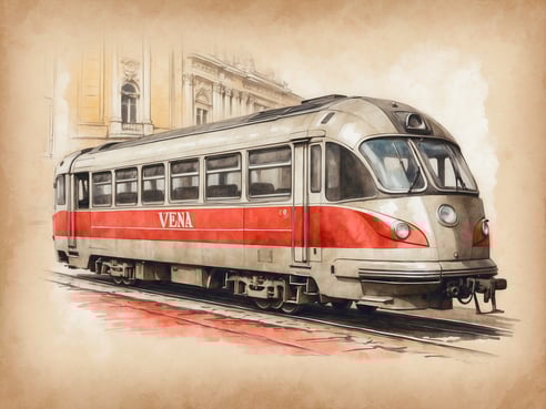 Ein klassischer Zug mit der Aufschrift VENA steht auf einem Bahngleis. Der Zug hat eine weiße und rote Farbgebung und zeichnet sich durch ein retro-futuristisches Design aus. Im Hintergrund sind unscharf Teile eines historischen Gebäudes mit großen Fenstern und kunstvollen architektonischen Details zu sehen. Die gesamte Szene hat einen nostalgischen, künstlerischen Touch.