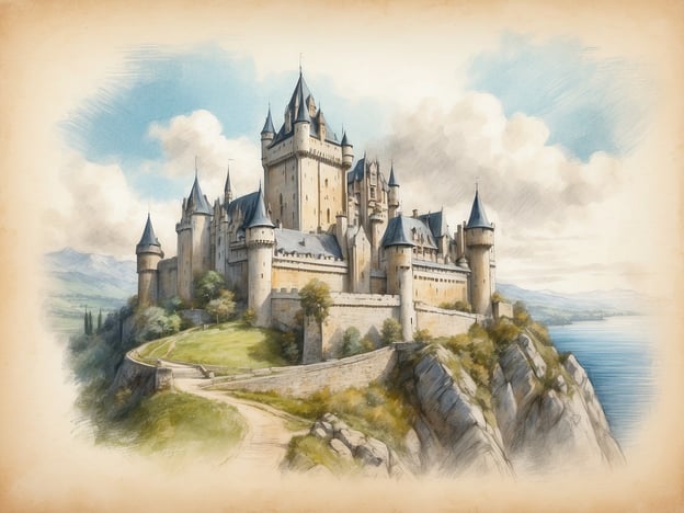 Auf dem Bild ist eine beeindruckende Märchenschloss-ähnliche Burg zu sehen, die auf einem Hügel steht. Um die Burg herum erstrecken sich grüne Wiesen und ein steiler Abhang, der zu einem Gewässer hinführt.
In der Umgebung solcher Burgen finden sich oft weitere Sehenswürdigkeiten, wie z.B. historische Städte mit mittelalterlichen Bauwerken, malerische Wanderwege oder Überreste alter Befestigungsanlagen. Auch Landschaften mit Bergen und Wäldern könnten das Bild ergänzen. Solche Orte sind häufig touristische Attraktionen und ziehen viele Besucher an, die die Geschichte und die Architektur erkunden möchten.