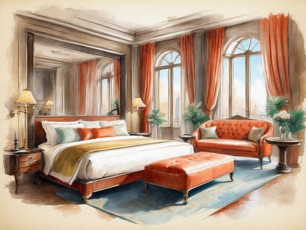 Das Bild zeigt eine stilvolle Hotelzimmeransicht, die durch große Fenster mit Blick auf die Stadt erhellt wird. Im Mittelpunkt steht ein großes Bett mit bunten Kissen, flankiert von Nachttischen und Lampen. Ein elegantes Sofa und ein Couchtisch ergänzen die Einrichtung, die durch die Verwendung warmer Farben und eine gemütliche Atmosphäre besticht.Im NH Hotels Pamplona Iruna Park erwarten Gäste komfortable Zimmer mit modernen Annehmlichkeiten. Das Hotel bietet eine ruhige Lage nahe dem Park und ermöglicht einen entspannten Aufenthalt, ideal für Geschäftsreisende sowie für Urlauber, die die Stadt erkunden möchten. Die Nähe zu Sehenswürdigkeiten und Restaurants macht es zu einer attraktiven Wahl für Besucher von Pamplona.