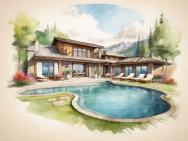 Auf dem Bild ist eine moderne Villa mit einem einladenden Garten und einem Swimmingpool zu sehen. Die großzügigen Fenster und die Terrasse bieten einen Blick auf die Natur, während die Liegen rund um den Pool ideal für Entspannung und Sonnenbaden sind. Diese Umgebung eignet sich hervorragend für Freizeitaktivitäten wie Schwimmen, Lesen oder einfach nur zum Entspannen im Freien. Wellnessangebote könnten hier auch Massagen oder Yoga-Kurse unter freiem Himmel umfassen, um die erholsame Atmosphäre zu genießen.