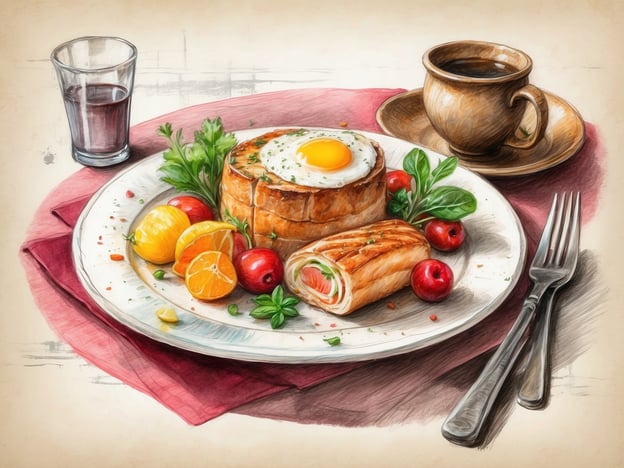 Auf dem Bild sieht man ein ansprechend angerichtetes Frühstück oder Brunch, das kulinarische Highlights präsentiert. Im Mittelpunkt steht ein gefülltes Brötchen, das möglicherweise mit einem Spiegelei dekoriert ist. Dazu gibt es kunstvoll gerollte Gemüse- oder Fischröllchen.
Das Gericht wird von einer bunten Auswahl an frischen Früchten begleitet, darunter Zitronen, Orangen, und Kirschen, die eine fruchtige Frische hinzufügen.
Ein Glas mit einer dunklen Flüssigkeit, wahrscheinlich ein Saft, sowie eine Tasse Kaffee runden das Frühstücksarrangement ab. Die Kombination aus herzhaftem und fruchtigem Essen macht es zu einem perfekten Start in den Tag.
