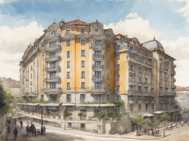 Das Bild zeigt eine künstlerische Darstellung eines Gebäudes, das wie ein Hotel aussieht, mit einer gelben Fassade und einer eleganten Architektur. Es ist in einer Stadtansicht platziert, die von Straßen und Bäumen umgeben ist.
Das NH Hotel Porto Jardim hat eine interessante Geschichte. Es liegt in der Nähe vieler Sehenswürdigkeiten von Porto und bietet eine Mischung aus modernem Komfort und traditionellem Charakter. Das Hotel ist bekannt für seine freundliche Atmosphäre und die hervorragende Lage, die den Gästen einen einfachen Zugang zu den kulturellen Schätzen der Stadt ermöglicht.