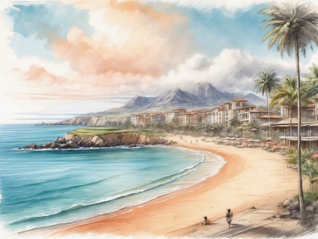 Auf dem Bild ist eine malerische Küstenlandschaft zu sehen. Im Vordergrund erstreckt sich ein Sandstrand mit sanften Wellen, die an die Küste schlagen. Auf der rechten Seite sind Palmen zu erkennen, die eine tropische Atmosphäre schaffen.
Der Hintergrund wird von Hügeln oder Bergen dominiert, die sanft in den Himmel ragen. Im Mittelgrund befinden sich einige Gebäude, die vermutlich Resorts oder Ferienhäuser sind, in direkter Nähe zum Wasser. Die gesamte Szene vermittelt ein Gefühl von Ruhe und natürlicher Schönheit, mit einem klaren Himmel, der von warmen Farbtönen durchzogen ist.