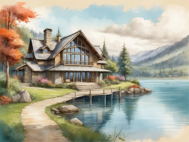 Auf dem Bild ist ein malerisches Ferienhaus zu sehen, das am Ufer eines ruhigen Sees liegt. Das Gebäude hat eine kombinierte Fassade aus Holz und Stein und große Fenster, die einen Blick auf die umgebende Natur bieten.
Um das Haus herum sind grüne Wiesen und einige bunte Blumen zu sehen, die das Bild lebhaft gestalten. Hinter dem Haus erheben sich majestätische Berge mit sanften Hügeln, die teilweise von Bäumen bewaldet sind. Die Atmosphäre ist friedlich und einladend, ideal für entspannte Tage in der Natur. Der Himmel ist teilweise bewölkt, was dem gesamten Szenario eine sanfte Lichtstimmung verleiht. Ein Weg führt vom Haus zum Wasser, und am Ufer gibt es einige größere Steine, die die natürliche Umgebung ergänzen.