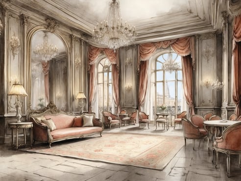 Ein eleganter Raum im Leonardo Boutique Hotel Paris Opera mit einem stilvollen roten Sofa und zwei Sesselgruppen. Die hohen Fenster sind mit roten Vorhängen dekoriert und geben den Blick auf eine Stadtansicht frei. Kronleuchter und Wandleuchten sorgen für eine warme Beleuchtung. Der Boden ist aus hellen Fliesen, und ein kunstvoll gestalteter Teppich liegt in der Mitte des Raumes. Ein kleiner Tisch mit Blumenschmuck steht ebenfalls im Raum. Die Wände sind reich verziert und vermitteln ein Gefühl von Luxus und Komfort.
