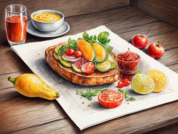 Auf dem Bild ist ein ansprechend angerichteter Teller mit einem schmackhaften Gericht zu sehen. Im Mittelpunkt steht eine ausgeschnittene Scheibe Brot, die mit frischen, bunten Gemüsesorten belegt ist. Es sind Gurken, Tomaten und verschiedene Arten von Zitrusfrüchten wie Limetten und Zitronen darauf zu sehen, die für eine frische Note sorgen. Daneben gibt es eine kleine Schale mit einer roten Sauce sowie einige zusätzliche Tomaten und eine Zitrone, die den kulinarischen Anblick abrunden.
Zusätzlich sind im Hintergrund ein Glas mit einem Getränk und eine Tasse mit einer cremigen Suppe platziert, was das Gesamtbild einer liebevoll gestalteten Mahlzeit vervollständigt. Diese Komposition vermittelt ein Gefühl von Frische und gesunder Ernährung, typisch für die Gastronomie, die Wert auf qualitativ hochwertige und ansprechende Speisen legt.