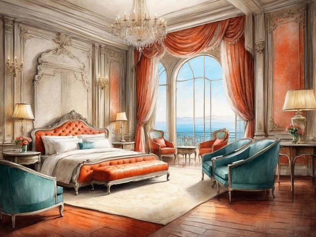 Auf dem Bild ist ein luxuriöses Zimmer zu sehen, das elegant und stilvoll eingerichtet ist. Es gibt ein großes, bequemes Bett mit einer gepolsterten Kopfstütze in Orangetönen sowie mehrere gemütliche Sessel in einem ansprechenden Türkis. Das Zimmer ist hell und einladend, mit großen Fenstern, durch die viel Licht strömt und sich ein schöner Blick auf das Meer bietet.
Zusätzlich sind stilvolle Beleuchtungselemente und dekorative Elemente wie Blumenarrangements vorhanden, was dem Raum eine elegante Atmosphäre verleiht. Die Kombination aus hochwertigen Möbeln und geschmackvoller Dekoration sorgt für ein erstklassiges Ambiente, das ideal ist für einen entspannenden Aufenthalt. Mögliche Serviceangebote könnten Zimmerreinigung, ein Concierge-Service oder spezielle Annehmlichkeiten wie einen Zuschlag für den Meerblick umfassen.
