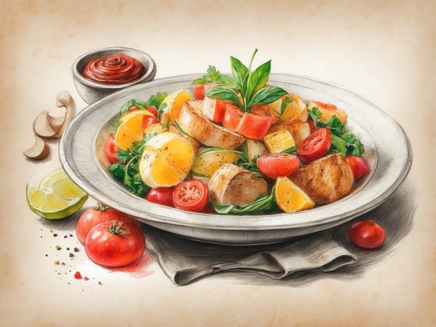 Auf dem Bild ist ein frisch zubereiteter Salat zu sehen, der eine bunte Mischung aus verschiedenen Zutaten präsentiert. Die Komposition besteht aus stückigem Gemüse, darunter Tomaten, sowie stückigen Früchten wie Orangen und Ananas. Zudem sind frische Kräuter, wie Basilikum, und eine Limette zur Dekoration vorhanden. Es gibt auch eine kleine Schüssel mit einer roten Soße, die möglicherweise als Dip dient.
In der Gastronomie im NH Hotels Puebla Finsa könnte ein solches Gericht Teil eines gesunden, vielfältigen Angebots sein, das auf frischen Zutaten und ansprechender Präsentation basiert. Es könnte sowohl für Frühstück als auch für leichte Mittag- oder Abendmahlzeiten geeignet sein.