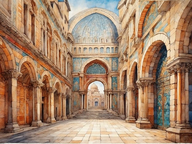Das Bild zeigt eine architektonische Szene mit einer majestätischen Halle, die durch gewölbte Bögen und eine hohe Kuppel charakterisiert ist. Diese Art von Architektur erinnert an die historische Stadt Ravenna, die bekannt ist für ihre prachtvollen byzantinischen Bauwerke und Mosaike.
Ravenna, einst die Hauptstadt des Weströmischen Reiches und der Ostgoten, ist berühmt für ihre gut erhaltenen spätantiken und frühmittelalterlichen Monumente, die zum UNESCO-Weltkulturerbe gehören. Die Stadt vereint Einflüsse verschiedener Kulturen und Stile, was sich in der kunstvollen Gestaltung ihrer Kirchen und Paläste zeigt.
Die dargestellten Elemente wie die Bögen und die farbigen Fliesen könnten auf die beeindruckende Dekoration der Kirchen in Ravenna, wie die San Vitale oder die San Apollonia, hinweisen.
