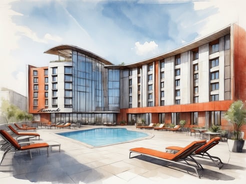 Das Bild zeigt das Leonardo Boutique Hotel Krakow City Center, ein modernes Hotel mit einer eleganten Fassade. Im Vordergrund befindet sich einPoolbereich mit mehreren Liegen in Orange. Die Architektur des Gebäudes ist zeitgemäß, mit großen Glasflächen, die viel Licht ins Innere lassen. Die Umgebung ist mit Pflanzen geschmückt, die eine einladende Atmosphäre schaffen. Im Hintergrund ist ein klarer blauer Himmel zu sehen, was das Gesamtbild freundlich und einladend wirken lässt.