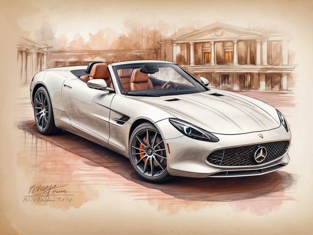 Auf dem Bild ist eine stilisierte Zeichnung eines eleganten, weißen Cabriolets zu sehen, das durch sein modernes Design und die auffälligen Details besticht. Die Inneneinrichtung ist in einem ansprechenden Braunton gehalten, was für einen luxuriösen und komfortablen Fahrstil sorgt. Der Hintergrund zeigt eine architektonische Struktur, die möglicherweise als kultureller oder historischer Ort interpretiert werden kann.
Wenn man in einem solchen Fahrzeug reist, kann man sich auf zahlreiche Annehmlichkeiten freuen, wie beispielsweise:
- **Hochwertige Materialien**: Die Ledersitze und die Innenausstattung bieten Komfort und Stil.
- **Moderne Technik**: Ausgestattet mit einem fortschrittlichen Infotainment-System, das sicherstellt, dass die Fahrgäste während der Fahrt gut unterhalten werden.
- **Fahrvergnügen**: Ein leistungsstarker Motor garantiert ein dynamisches und aufregendes Fahrerlebnis.
- **Öffnungsmechanismus des Dach**: Ermöglicht es, die frische Luft und die Sonne zu genießen, was das Erlebnis noch angenehmer macht.
Insgesamt vermittelt das Bild den Eindruck von Luxus, Geschwindigkeit und einem Hauch von Abenteuer.