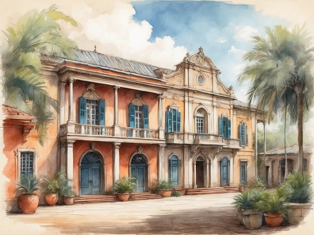 Auf dem Bild ist ein historisches Gebäude zu sehen, das durch seine prächtige Architektur und die Verwendung von Farben hervorsticht. Die Fassade ist in warmen Erdtönen gehalten, mit blauen Fensterläden und einem geschwungenen Giebeldach. Umgeben ist das Gebäude von üppigem Grün, das durch Palmen und Topfpflanzen ergänzt wird.In San Luis Potosí, einer Stadt in Mexiko, gibt es viele solcher kolonialen Bauwerke, die die reiche Geschichte und Kultur der Region widerspiegeln. Die Stadt ist bekannt für ihre gut erhaltene koloniale Architektur, historische Plätze und als kulturelles Zentrum, das eine Vielzahl an Kunst und Traditionen beherbergt.