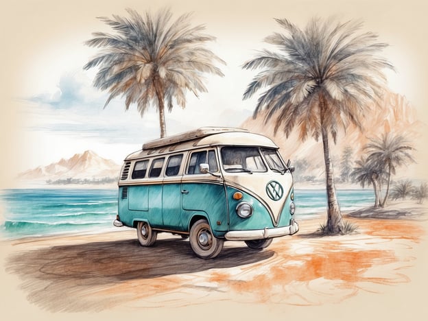 Auf dem Bild ist ein klassischer VW Bulli zu sehen, der an einem malerischen Strand mit Palmen und einer ruhigen Meereslandschaft parkt. Es vermittelt eine entspannte Urlaubsatmosphäre.Hier sind einige Tipps für einen gelungenen Aufenthalt:1. **Erkunde die Umgebung**: Nutze die Natur, um die Gegend zu erkunden. Wandern oder Radfahren bietet tolle Ausblicke.2. **Packe ausreichend Sonnenschutz ein**: Die Sonne kann stark sein. Sonnencreme, Hüte und Sonnenbrillen sind wichtig.3. **Genieße lokale Küche**: Probiere regionale Spezialitäten und besuche vertrauenswürdige Restaurants.4. **Stelle sicher, dass du ausreichend Wasser dabei hast**: Hydration ist besonders wichtig, wenn du Zeit im Freien verbringst.5. **Entspanne dich am Strand**: Nimm dir Zeit zum Entspannen, schwimmen und einfach die Aussicht genießen.6. **Plane Aktivitäten im Voraus**: Überlege dir, welche Aktivitäten du unternehmen möchtest, um das Beste aus deinem Aufenthalt herauszuholen.Viel Spaß bei deinem Aufenthalt!