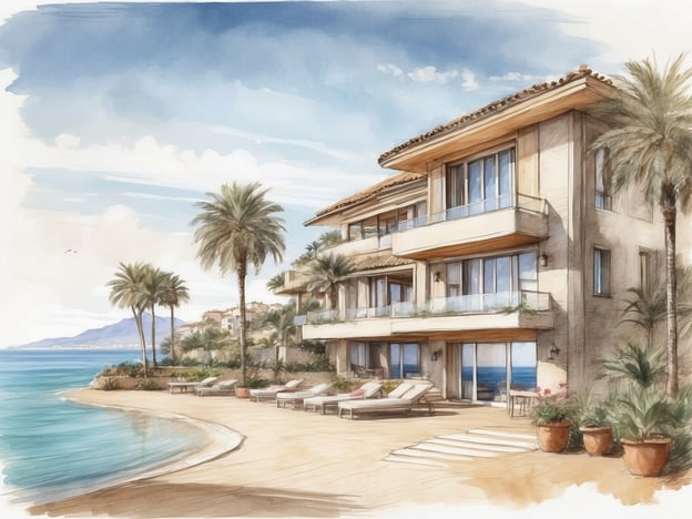Das Bild zeigt eine malerische Küstenlandschaft mit einem modernen Gebäude, das direkt am Strand liegt. Palmen und Liegestühle sind auf der Terrasse zu sehen, und im Hintergrund erstreckt sich das Meer und die Berge.
In San Pedro de Alcántara gibt es mehrere NH Hotels, die eine komfortable Unterkunft bieten. Diese Hotels zeichnen sich durch ihre Lage in der Nähe des Strandes und der Stadtzentren aus, und sie bieten in der Regel Annehmlichkeiten wie Pools, Restaurants und Konferenzräume. Ideal für Urlauber, die sowohl Entspannung als auch Aktivitäten suchen.
