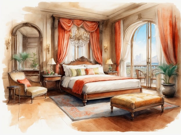 Auf dem Bild ist ein elegantes und stilvolles Schlafzimmer zu sehen. Der Raum ist mit warmen Farben gestaltet, darunter rote und orangefarbene Vorhänge. Es gibt ein großes Bett mit dekorativen Kissen, einen Louis-seize-Stil Sessel, einen Nachttisch mit einer Lampe sowie Pflanzen, die dem Raum eine frische Note verleihen. Die offene Balkontür bietet einen Blick nach draußen.
In Bezug auf die NH Hotels in Santiago del Estero könnte ein Zimmer mit solch einem eleganten Stil ähnlich eingerichtet sein, um Gästen eine luxuriöse und angenehme Atmosphäre zu bieten.