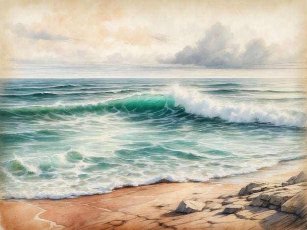 Das Bild zeigt eine ruhige Küstenlandschaft mit sanften, welligen Wellen, die auf einen sandigen Strand treffen. Im Vordergrund sind feine Sandflächen und einige große, glatte Steine zu sehen. Die Wellen spiegeln verschiedene Grüntöne wider und brechen sanft an der Küste. Der Himmel ist hell mit zarten Wolkenformationen und einem sanften Farbverlauf. Am Horizont ist ein kleines Schiff zu erkennen, das in der Ferne gleitet.Die Bezeichnung Ostsee statt Ostmeer könnte sich aus historischen und geografischen Gründen ergeben, da "See" oft für kleinere, eingekreiste Gewässer verwendet wird, während "Meer" tendenziell größere Ozeane bezeichnet.