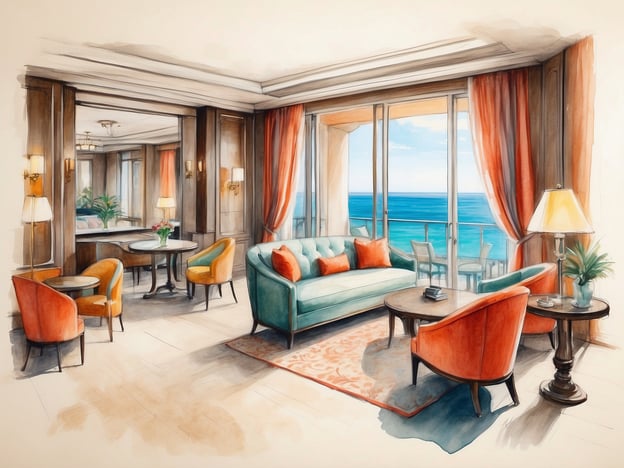 Auf dem Bild ist eine elegant eingerichtete Suite oder ein Empfangsbereich zu sehen. Die Ausstattung umfasst:- **Sofa**: Ein hellblaues Sofa mit orangefarbenen Kissen.- **Sessel**: Bequeme Sessel in orange und grün.- **Tische**: Ein zentraler Couchtisch und runde Beistelltische.- **Fensterfront**: Große Fenster, die einen Blick auf das Meer bieten und viel Tageslicht hereinlassen.- **Gardinen**: Rote Vorhänge, die einen schönen Kontrast zur Innenausstattung bilden.- **Beleuchtung**: Stehlampen und Wandbeleuchtung sorgen für ein angenehmes Ambiente.- **Pflanzen**: Dekorative Pflanzen, die dem Raum Frische verleihen.Insgesamt vermittelt der Raum eine luxuriöse und einladende Atmosphäre.