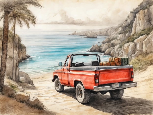 Auf dem Bild ist ein roter Pickup-Truck zu sehen, der an einem Strandparkplatz steht. Im Hintergrund sieht man eine malerische Küstenlandschaft mit Felsen und dem blauen Meer.Diese Szene lädt zu verschiedenen Freizeit- und Unterhaltungsmöglichkeiten ein. Man könnte beispielsweise einen Ausflug zum Strand machen, schwimmen oder schnorcheln gehen. Auch Fahrradtouren entlang der Küste oder Picknicks im Freien wären hier sehr angenehm. Zudem bietet sich die Möglichkeit, die landschaftliche Schönheit zu genießen und zu fotografieren. Ein kleiner Roadtrip zu diesem Ort wäre ebenfalls eine tolle Idee, um die Natur zu erkunden und sich zu entspannen.