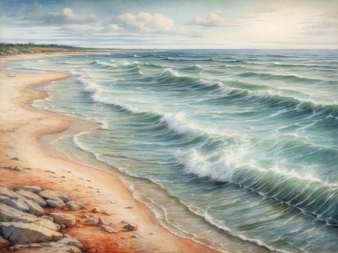 Eine malerische Küstenlandschaft mit einer sanften Sandbucht, die von welligem Wasser der Ostsee umspült wird. Im Vordergrund sind einige große Steine und feiner Sand zu sehen. Die Wellen brechen sanft am Ufer, während die Farben des Wassers von hellblau bis grün variieren. Im Hintergrund erstreckt sich der Himmel mit leichten Wolken, und der Sonnenlichtschein verleiht der Szene eine ruhige Atmosphäre.