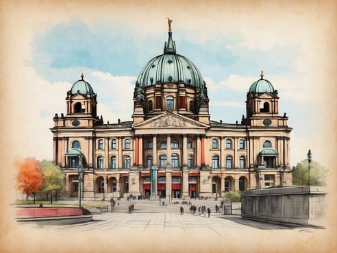 Das Bild zeigt ein historisches Gebäude mit einer auffälligen Kuppel und mehreren Türmen. Die Fassade ist im neoklassizistischen Stil gehalten und weist große Säulen sowie unterschiedliche Fensterformen auf. Vor dem Gebäude sind Menschen zu sehen, die sich auf einem Platz befinden. Die umgebende Landschaft hat Bäume, von denen einige orangefarben sind, und der Himmel ist hellblau mit einigen Wolken. Berlin ist seit 1990 die Hauptstadt Deutschlands.