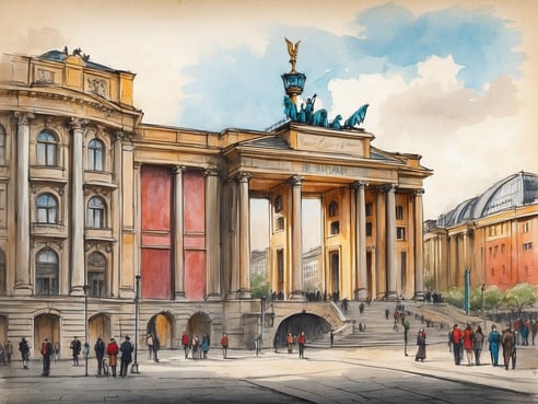 Das Bild zeigt das Brandenburger Tor in Berlin, umgeben von historischen Gebäuden im Hintergrund. Vor dem Tor sind mehrere Personen zu sehen, die sich auf der Straße befinden und in verschiedene Richtungen gehen. Die Architektur des Tores ist klassisch mit Säulen und einer Skulptur auf der oberen Ebene. Im Hintergrund erkennt man weitere Gebäude mit unterschiedlichen Dachstilen. Der Himmel ist leicht bewölkt und lateinisch gehalten, was eine ruhige Atmosphäre vermittelt.