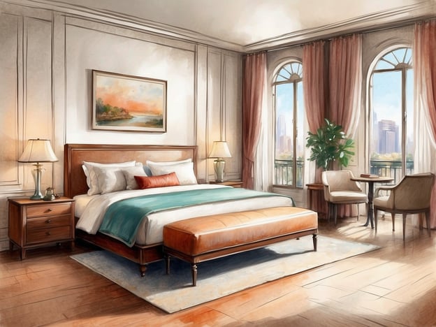 Auf dem Bild ist ein elegantes Schlafzimmer zu sehen, das durch große Fenster viel Tageslicht erhält. Es gibt ein großes Bett, geschmackvolle Möbel und eine gemütliche Sitzecke.
Im NH Hotels Sevilla Plaza de Armas können Gäste ähnliche Zimmer erwarten, die mit modernen Annehmlichkeiten ausgestattet sind. Dazu gehören komfortable Betten, Arbeitsbereiche, kostenloses WLAN, Flachbildfernseher und eine Minibar. Zudem bieten viele Zimmer beeindruckende Ausblicke auf die Stadt. Die geschmackvolle Einrichtung und die angenehme Atmosphäre machen den Aufenthalt besonders angenehm.