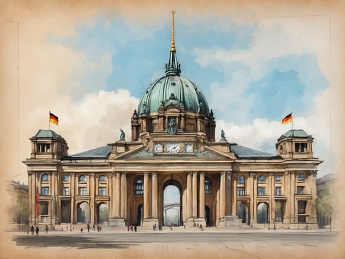 Das Bild zeigt das imposante Gebäude des Reichstags in Berlin, das durch seine markante Kuppel und die großen Säulen besticht. An den Seiten sind die deutschen Nationalflaggen sichtbar. Der Himmel ist leicht bewölkt, und viele Menschen sind im Vordergrund des Bildes zu sehen, die sich auf dem Platz vor dem Gebäude bewegen. Die Architektur ist historisch und wirkt majestätisch, was die politische Bedeutung des Ortes unterstreicht.