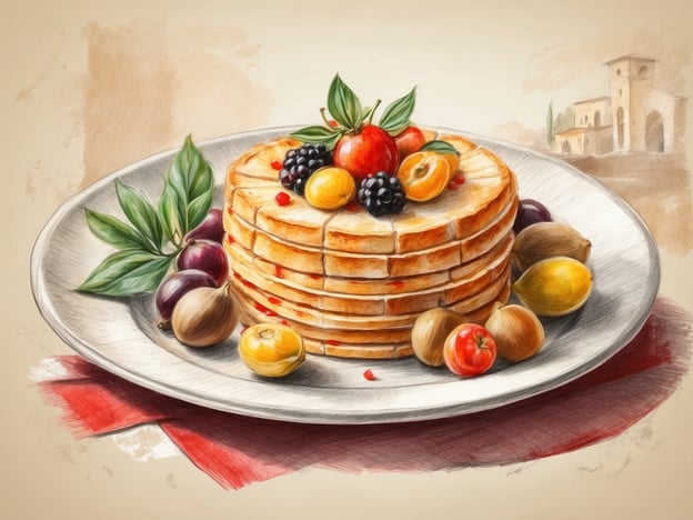 Auf dem Bild sind stapelweise Waffeln zu sehen, die kunstvoll angerichtet sind und mit einer Vielzahl von frischen Früchten garniert wurden – darunter schwarze Johannisbeeren, Kirschen und andere Beeren. Diese kulinarischen Genüsse erinnern an die süßen Leckereien, die man in Siena genießen kann, wie zum Beispiel den bekanntesten Kuchen der Region, die Panforte.
In Siena findet man auch köstliche Desserts wie Ricciarelli, zarte Mandelkekse, und zu besonderen Anlässen wird oft auch ein Torta di Nonna serviert, ein köstlicher Puddingkuchen. Diese Waffeln könnten eine herrliche Ergänzung zu einem traditionellen toskanischen Frühstück sein, begleitet von frischem Obst und vielleicht einem Glas Vin Santo.