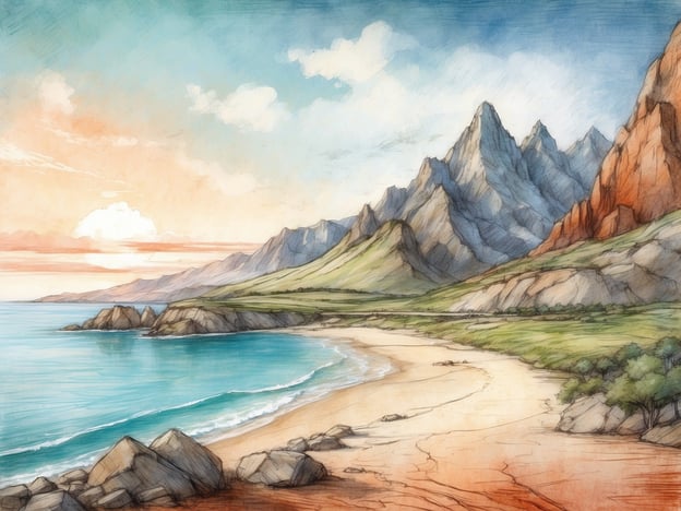 Auf dem Bild ist eine malerische Küstenlandschaft mit Bergen im Hintergrund und einem sandigen Strand im Vordergrund zu sehen. Diese Umgebung bietet viele Aktivitäten und Freizeitmöglichkeiten:
1. **Wandern**: Die Berge laden zu Wanderungen und Erkundungen der Natur ein, wobei man die schöne Aussicht genießen kann.
2. **Schwimmen**: Das klare Wasser eignet sich hervorragend zum Schwimmen oder einfach zum Entspannen am Strand.
3. **Sonnenbaden**: Der breite Sandstrand ist ideal, um sich zu entspannen und die Sonne zu genießen.
4. **Picknicken**: Es gibt genügend Platz, um ein Picknick mit Freunden oder der Familie abzuhalten.
5. **Fotografieren**: Die beeindruckende Landschaft bietet zahlreiche Möglichkeiten für Fotografie und Malerei.
Insgesamt vermittelt die Szene eine ruhige und einladende Atmosphäre für verschiedene Outdoor-Aktivitäten.