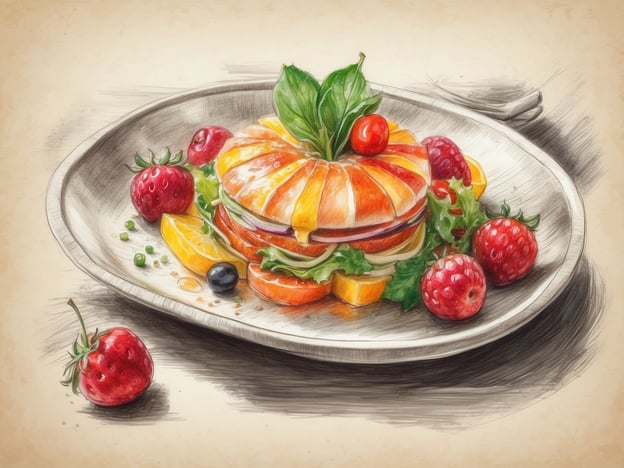 Auf dem Bild ist ein kunstvoll angerichteter Teller zu sehen, der eine appetitliche Kreation aus Obst und Gemüse präsentiert. Im Mittelpunkt steht eine geschichtete Speise, die aus verschiedenen Gemüsesorten wie Salat, Tomaten und möglicherweise auch einer Art von Käse oder Dressing besteht.
Darum herum sind frische Früchte wie Erdbeeren und Melonenscheiben platziert, die dem Gericht eine bunte und einladende Optik verleihen. Die Verwendung von Kräutern, wie zum Beispiel Basilikum, sorgt für eine zusätzliche aromatische Note. Insgesamt vermittelt das Bild den Eindruck einer gesunden und kreativen kulinarischen Komposition, die sowohl visuell ansprechend als auch schmackhaft ist.