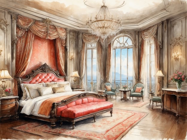 Auf dem Bild ist ein elegantes Schlafzimmer zu sehen, das mit opulenten Möbeln und einer stilvollen Einrichtung ausgestattet ist. Die Wände sind mit einem dekorativen Stoff in warmen Farben gestaltet. Das große Bett mit einem gepolsterten Kopfteil und ein rotes Sofa sorgen für einen luxuriösen Eindruck. Die Fenster lassen viel Tageslicht herein und bieten einen schönen Ausblick.
Im Überblick über NH Hotels bietet die Kette eine Vielzahl an komfortablen und stilvollen Zimmern, oft mit modernem Design, die sowohl für Geschäftsreisende als auch für Urlauber geeignet sind. Die Räume sind mit hochwertigen Annehmlichkeiten ausgestattet, um einen angenehmen Aufenthalt zu gewährleisten.