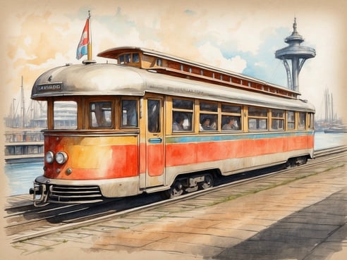 Auf dem Bild ist eine alte Straßenbahn zu sehen, die auf Schienen steht. Die Straßenbahn hat eine markante orange-rote Farbgebung mit einem weißen oberen Teil. Im Hintergrund sind moderne Gebäude, ein Wasserturm und einige Segelschiffe am Hafen sichtbar. Die Szenarie vermittelt ein Gefühl von Nostalgie und urbaner Atmosphäre, während die Straßenbahn als Transportmittel in dieser Umgebung dient.