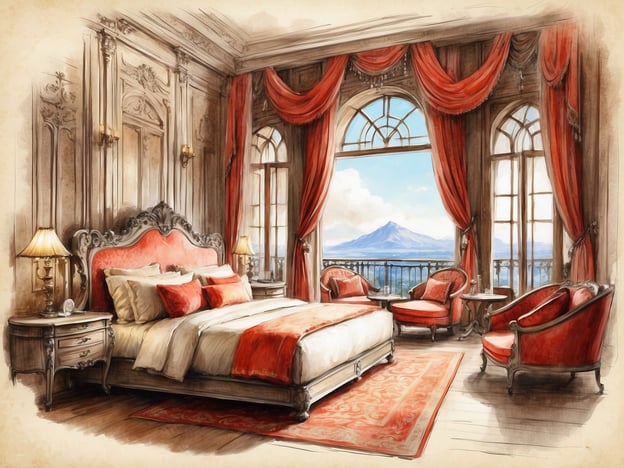 Auf dem Bild ist ein elegantes Schlafzimmer zu sehen, das mit einem großen, gepolsterten Bett, roten Vorhängen und stilvollen Möbeln ausgestattet ist. Die Einrichtung hat einen klassischen, opulenten Stil, mit viel Liebe zum Detail, einschließlich dekorativer Elemente an Wänden und Möbeln. Durch die großen Fenster hat man einen Blick auf eine landschaftliche Umgebung, die von einem Gebirge geprägt ist.
### Überblick über NH Hotels in Timișoara
Die NH Hotels in Timișoara bieten eine Kombination aus modernem Komfort und eleganter Atmosphäre. Zu den Annehmlichkeiten gehören geräumige Zimmer, eine voll ausgestattete Bar und oft auch Fitnessbereiche. Die Hotels sind günstig gelegen, häufig in der Nähe von Sehenswürdigkeiten, was sie zu einer idealen Wahl für geschäftliche und private Reisen macht. Gäste können sich auf ausgezeichneten Service, kostenloses WLAN und zahlreiche Konferenzmöglichkeiten freuen.