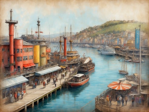 Eine lebhafte Uferpromenade mit bunten Gebäuden und Kaianlagen. Im Vordergrund sind mehrere Boote im Wasser und eine Holzplattform mit Menschen, die in Geschäften und Restaurants verweilen. Am Ufer sind zahlreiche Stände und Tische mit Besuchern. Im Hintergrund erstreckt sich eine grüne Hügelkette, die die Kulisse bildet. Die Szene vermittelt ein Gefühl von geschäftigem Treiben und maritimer Atmosphäre. In Hamburg sollte man unbedingt den Hafen, die Speicherstadt und die Landungsbrücken besuchen.
