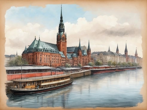 Auf dem Bild ist eine malerische Ansicht von Hamburg zu sehen, die das historische Rathaus und die umliegenden Gebäude zeigt. Der Fokus liegt auf dem eindrucksvollen Rathaus mit seinem markanten Turm und dem charakteristischen roten Mauerwerk. Im Vordergrund schwimmt ein traditionelles Passagierschiff auf dem Wasser, während entlang des Ufers mehrere Lagerhallen und Hafenanlagen zu sehen sind. Der Himmel ist klar und die Atmosphäre vermittelt einen Hauch von Geschichte und Wasserstadt-Charme.