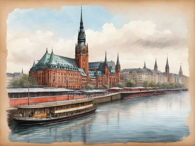 Auf dem Bild ist eine malerische Ansicht von Hamburg zu sehen, die das historische Rathaus und die umliegenden Gebäude zeigt. Der Fokus liegt auf dem eindrucksvollen Rathaus mit seinem markanten Turm und dem charakteristischen roten Mauerwerk. Im Vordergrund schwimmt ein traditionelles Passagierschiff auf dem Wasser, während entlang des Ufers mehrere Lagerhallen und Hafenanlagen zu sehen sind. Der Himmel ist klar und die Atmosphäre vermittelt einen Hauch von Geschichte und Wasserstadt-Charme.