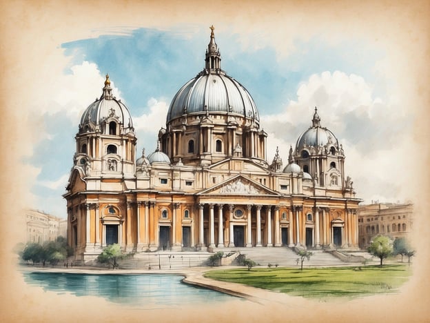 Auf dem Bild ist eine prächtige Kirche mit mehreren Kuppeln zu sehen, die wahrscheinlich den Petersdom in Rom darstellt. In der Nähe des Petersdoms befinden sich zahlreiche Sehenswürdigkeiten, wie die Vatikanstadt, die Sixtinische Kapelle mit Michelangelos beeindruckenden Deckenmalereien, der Petersplatz und das Castel Sant'Angelo. Diese Orte sind sowohl historisch als auch architektonisch von großer Bedeutung und ziehen viele Touristen an.