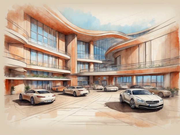 Auf dem Bild ist eine künstlerische Darstellung eines modernen Gebäudes zu sehen, das möglicherweise das NH Hotels Torino Lingotto Congress darstellt. Die Architektur ist elegant und futuristisch, mit großen Fensterfronten und sanften Kurven. Im Vordergrund sind mehrere stilvolle Autos geparkt, was dem Setting eine luxuriöse Atmosphäre verleiht.
Das NH Torino Lingotto Congress ist bekannt für seine Kombination aus moderner Architektur und historischem Charme, da es in einer ehemaligen Fiat-Fabrik untergebracht ist. Es bietet zahlreiche Einrichtungen für Tagungen und Events, sowie komfortable Unterkünfte. Die Lage ist ideal, um sowohl die Stadt Turin als auch die umliegenden Regionen zu erkunden.