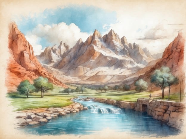 Das Bild zeigt eine malerische Landschaft mit hohen Bergen im Hintergrund, die majestätisch und detailliert dargestellt sind. Zwischen den Bergen verläuft ein klarer Fluss, der ruhig aussieht und sanfte Wellen schlägt. Am Ufer des Flusses gibt es eine Steinmauer oder ein kleines Bauwerk, das möglicherweise eine Art Staudamm ist.
Im Vordergrund ist eine grüne Wiese mit einigen Bäumen zu sehen, die dem Bild eine friedliche Atmosphäre verleihen. Die gesamte Szene ist von einem blauen Himmel mit einigen Wolken umrahmt, was zu einem idyllischen Landschaftsbild beiträgt.