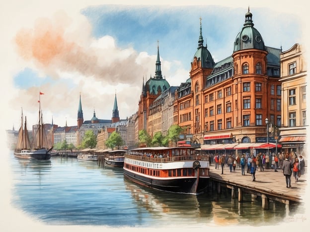 Eine malerische Ansicht des Hamburger Hafens, wo historische Gebäude mit roten Ziegelfassaden das Ufer säumen. Im Vordergrund sind Passagierschiffe und traditionelle Segelboote am Dock zu sehen. Spaziergänger flanieren entlang der Uferpromenade, umgeben von Bäumen und gemütlichen Cafés. Der Himmel ist blau mit einigen Wolken, und die charakteristischen Türme der Stadt ragen heraus, was die maritime Atmosphäre und den Charme Hamburgs unterstreicht.