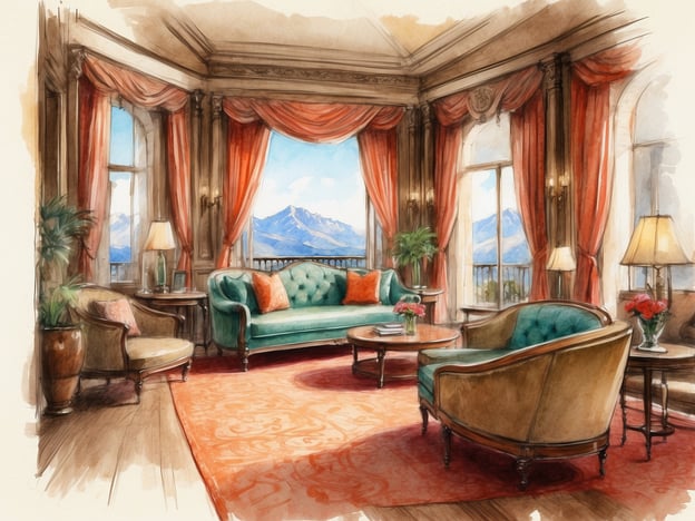 Auf dem Bild ist ein elegantes Wohnzimmer zu sehen, das mit großen Fenstern ausgestattet ist, durch die ein herrlicher Blick auf die Berge sichtbar ist. Die Wände sind mit roten Vorhängen geschmückt, die dem Raum eine luxuriöse Atmosphäre verleihen.
In der Mitte des Raumes steht ein schöner, runder Tisch, umgeben von stilvollen Sofas und Stühlen, die in sanften Farben gestaltet sind. Eine Stehlampe sorgt für warmes Licht, während ein paar Pflanzen und Blumenarrangements dem Raum Leben und Farbe geben. Der Boden ist mit einem eleganten Teppich ausgelegt, der dem gesamten Ambiente behilflich ist. Diese Annehmlichkeiten schaffen eine angenehme und einladende Atmosphäre zum Entspannen oder für gesellige Zusammenkünfte.