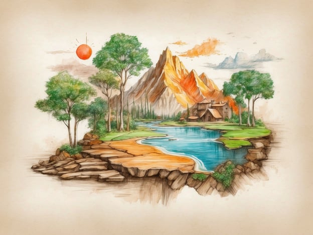 Auf dem Bild ist eine landschaftliche Szene mit Bergen, einem Fluss und Bäumen zu sehen. Diese Darstellung könnte symbolisch für Nachhaltigkeit stehen, da sie die Schönheit und Harmonie der Natur zeigt. Der Fluss und die Bäume betonen die Bedeutung von Wasserressourcen und grüner Vegetation, die für ein gesundes Ökosystem unerlässlich sind.
Zusätzlich könnte die Darstellung einer kleinen Hütte im Bild auf soziale Gemeinschaften hindeuten, die im Einklang mit der Natur leben. Solche Lebensweisen fördern oft ein Umfeld des sozialen Engagements, in dem die Menschen Verantwortung für ihre Umwelt übernehmen und sich um die Erhaltung der Natur kümmern.