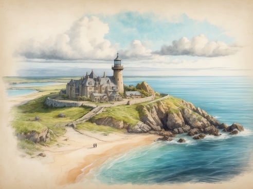 Eine malerische Küstenlandschaft zeigt ein eindrucksvolles Schloss mit einem Leuchtturm, das auf einer grünen Klippe über dem Meer thront. Die Umgebung ist von sanften Wellen und einem feinen Sandstrand geprägt, während im Hintergrund Hügel und Gewässer zu sehen sind. Ein paar Menschen spazieren am Strand entlang und genießen die idyllische Szenerie. Die Wolken am Himmel verleihen der Szene eine friedliche Atmosphäre.
